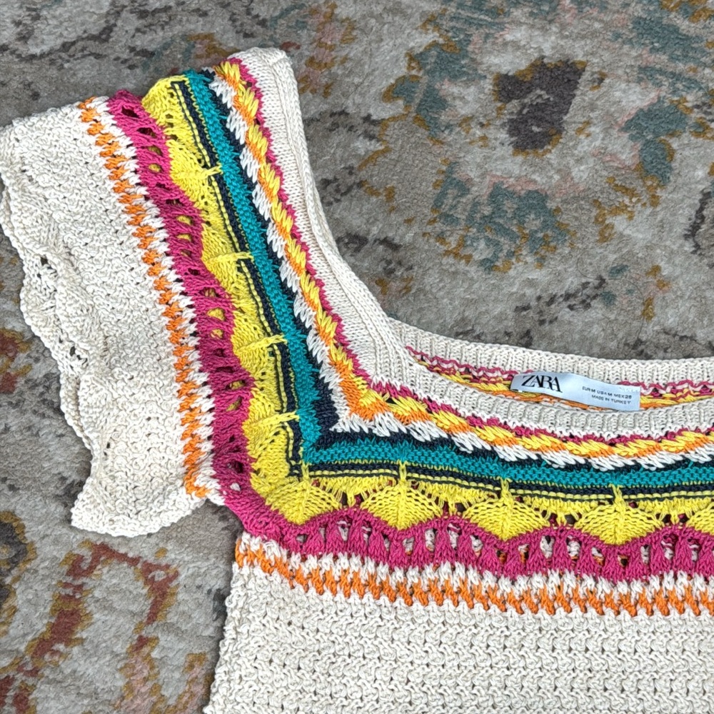 Zara Multi Color Cream Crotched Cropped‎ Cap Sleeve Top - medium - Picture 7 of 17